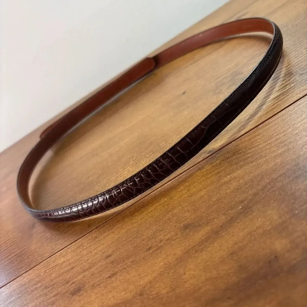 Tanner Italian Leather Crocodile Embossed Slim Cinch Belt Med Brown Adjustable